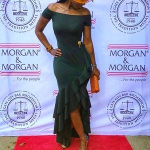 Off shoulder hunter green high split dress